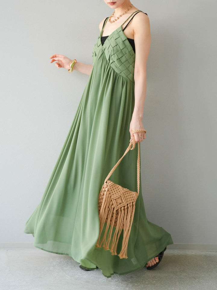 [SET]編み込みデザインシフォンワンピース+カップ付テレコリブベアキャミソール(2set)