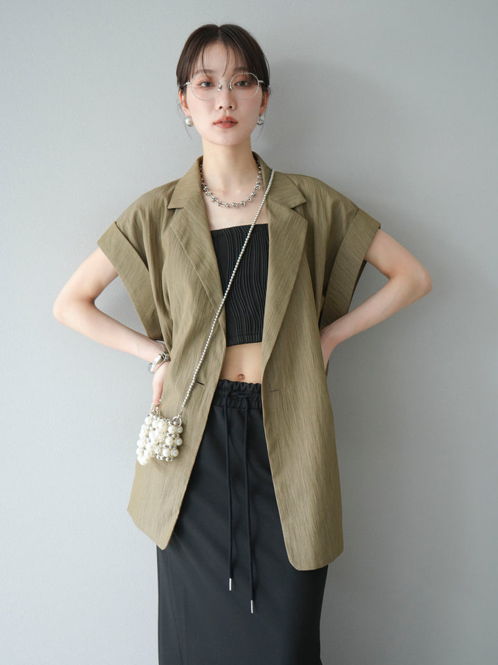 [SET]リネンライクノースリーブダブルジレ+ウェーブパイピングカップ付ベアキャミソール(2set)