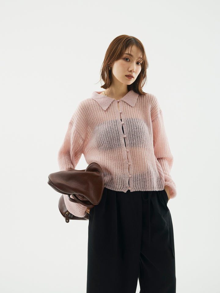 [予約]起毛片畦編みシアーポロニット/ビンク