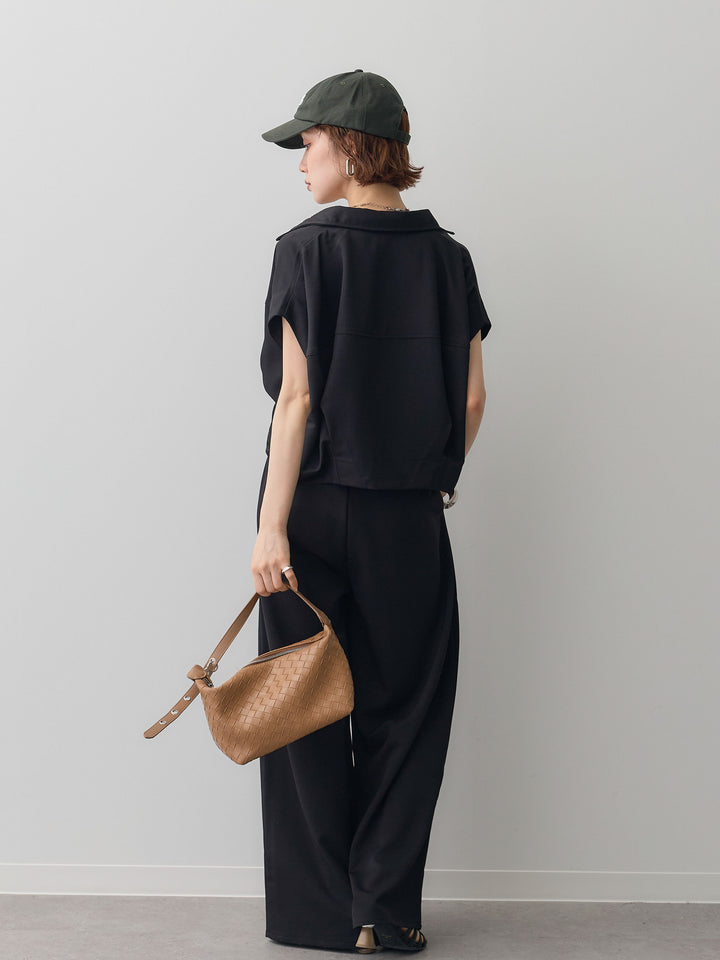 【套裝】縐綢燈籠無袖襯衫 + 縐綢闊腿褲（兩件套）