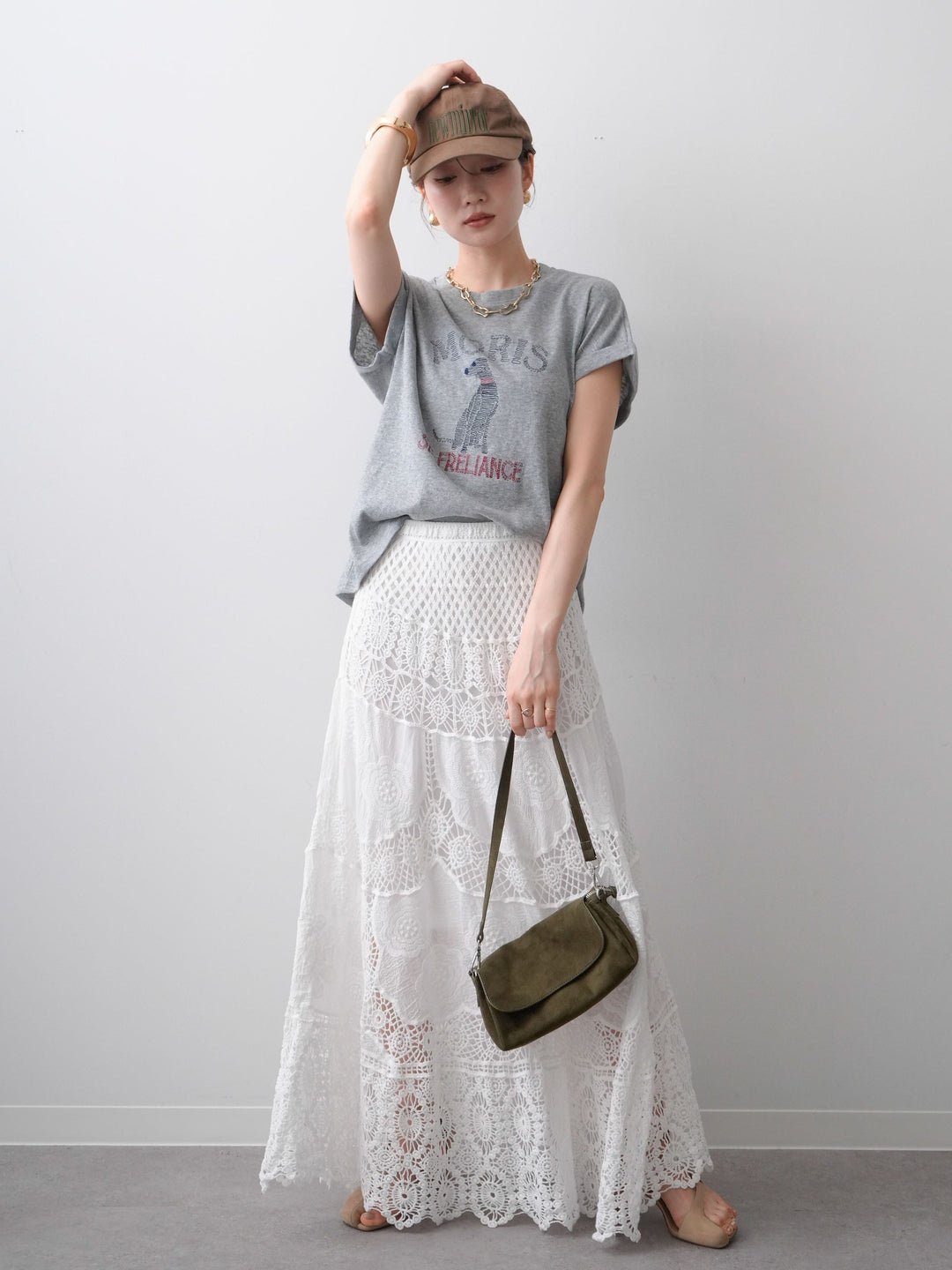 [SET]ドッグエンブロイダリーTEE+クロシェマキシスカート(2set)