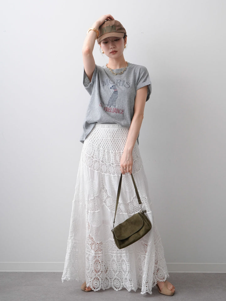 [SET]ドッグエンブロイダリーTEE+クロシェマキシスカート(2set)