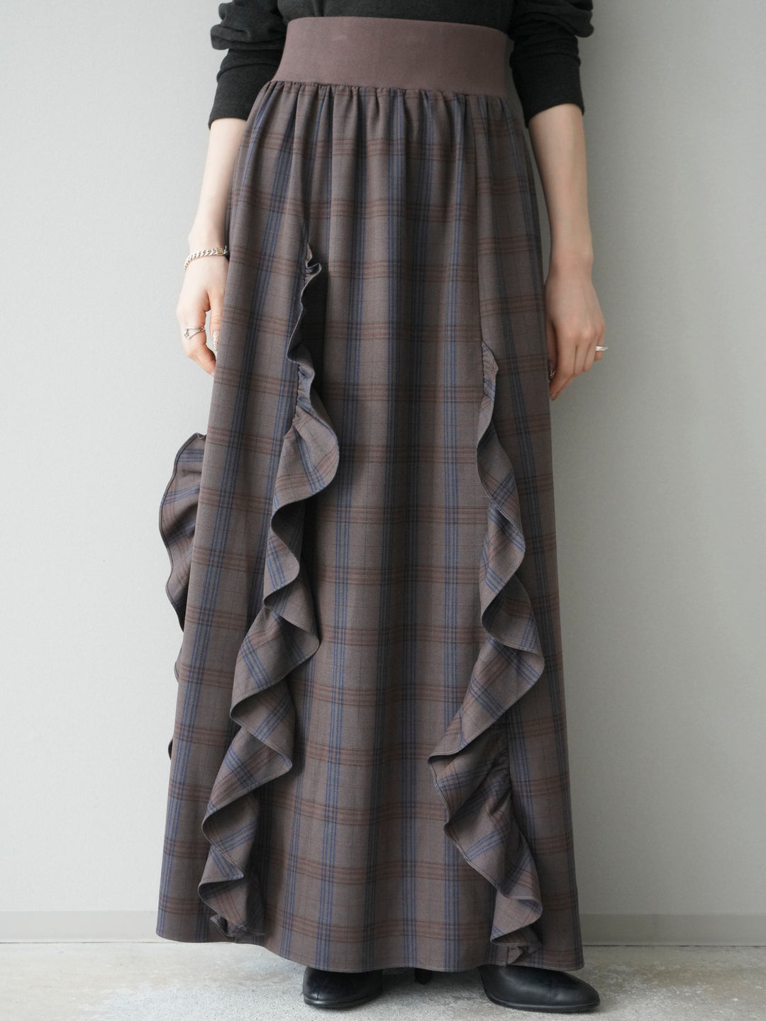 [予約]チェック柄フリルハイウエストマキシスカート/gray