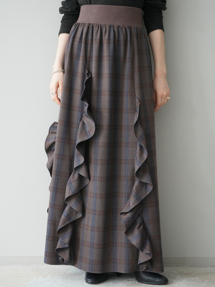 [予約]チェック柄フリルハイウエストマキシスカート/gray