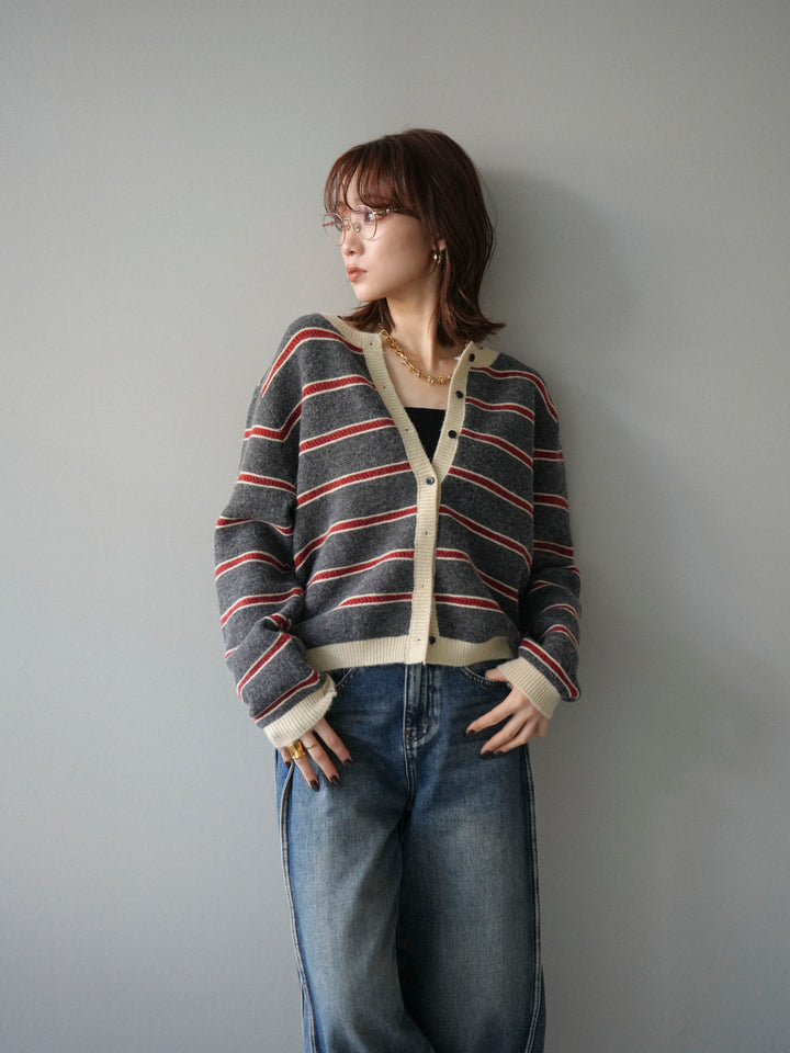 [予約]配色ボーダーニットカーディガン/gray