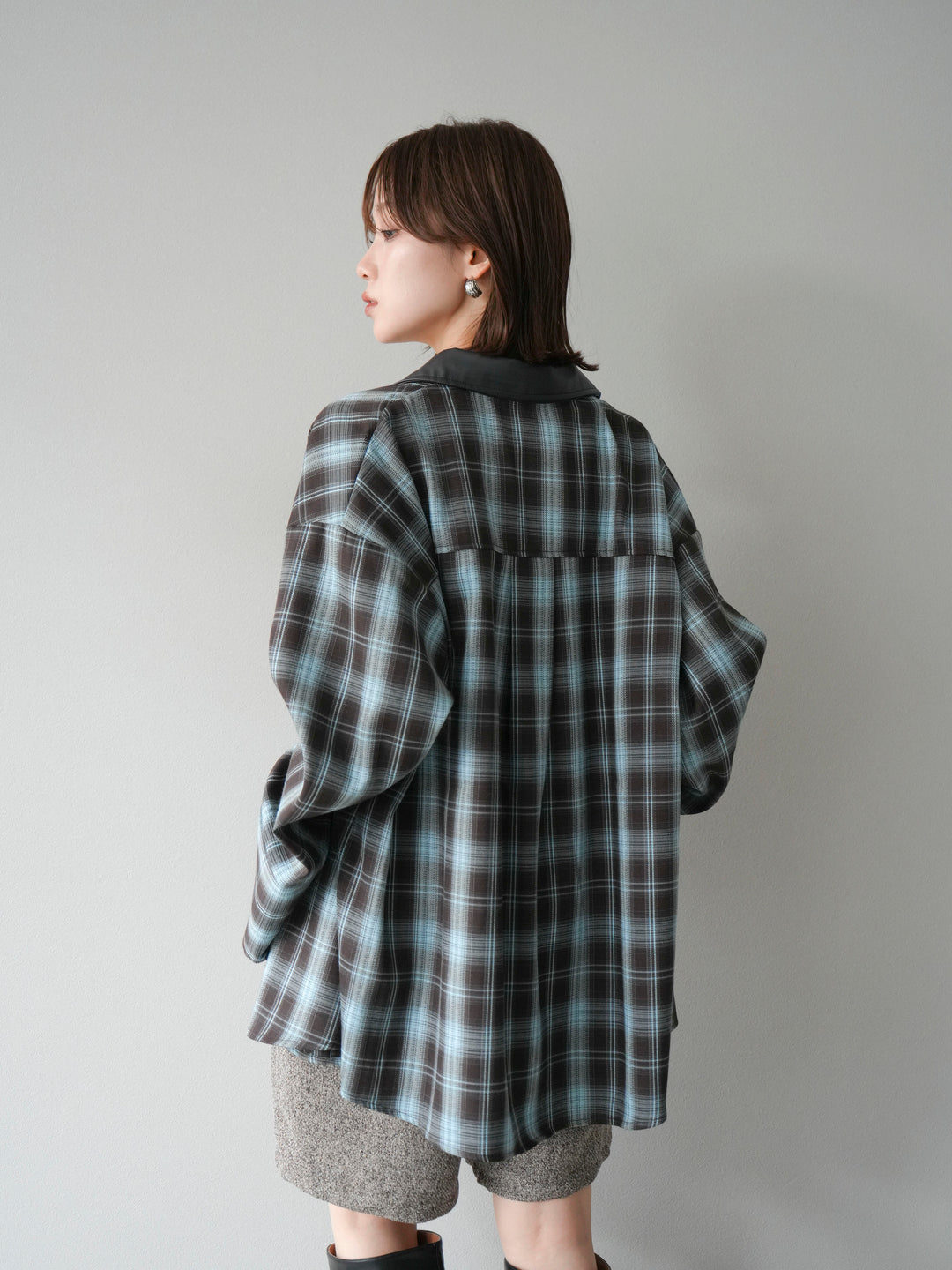 【着回しセット】[SET]レザー襟オンブレチェックオーバーシャツ +クラッシュベロアナロースカート+ツイードハーフパンツ(3set)