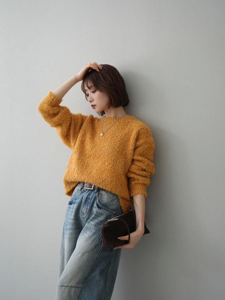 [SET]モールラメミックスヤーンニットプルオーバー+ベルト付カーブデニムパンツ(2set)