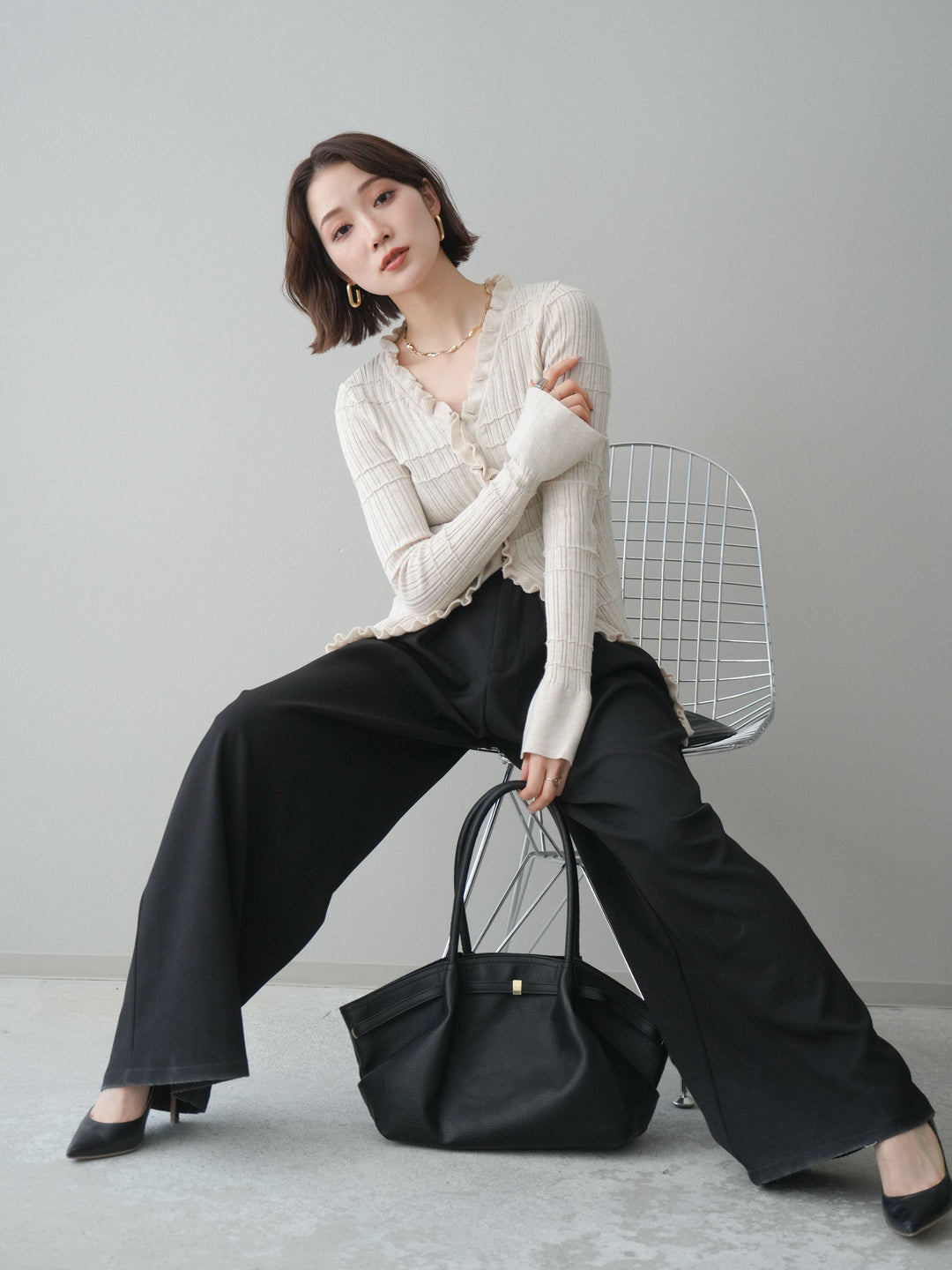 [予約]フロントフリルリブニットカーディガン/beige