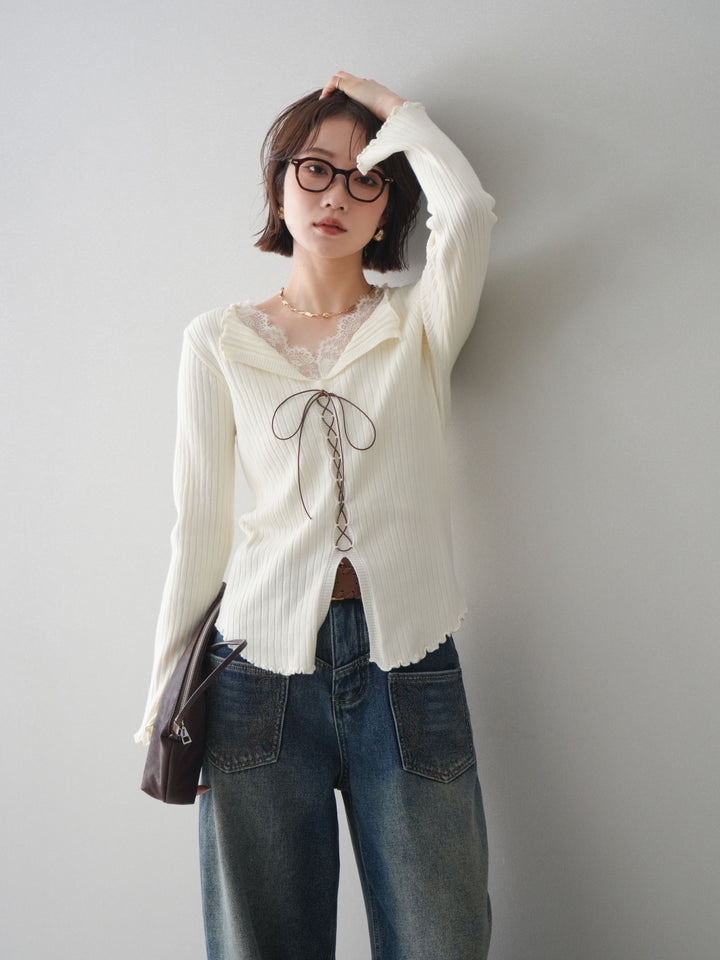 [予約]レースネックレースアップリブニットトップス/ivory