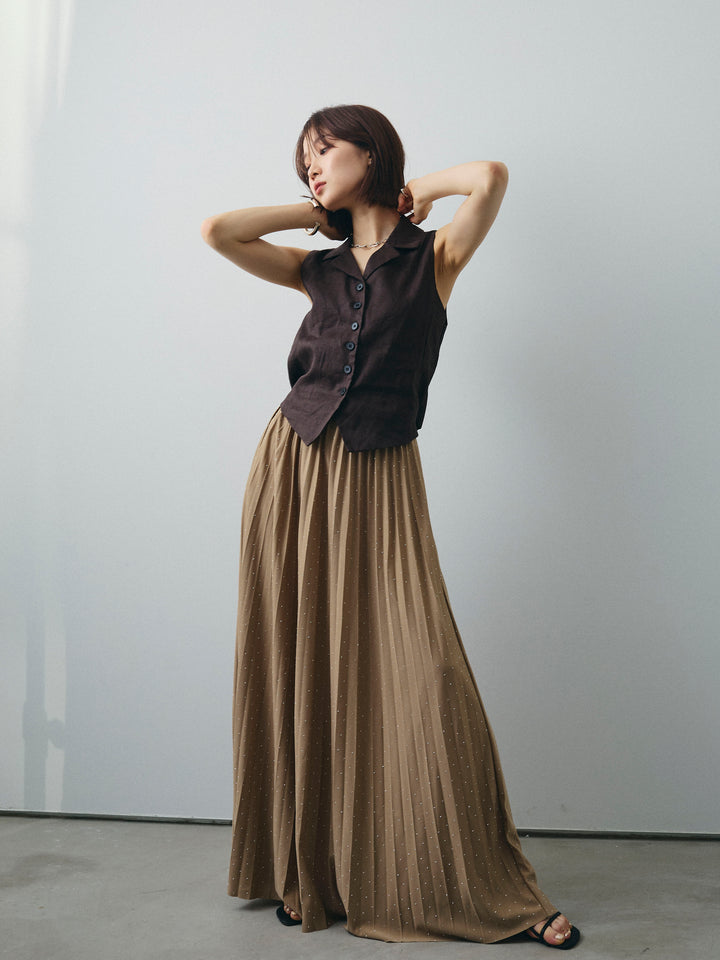 [SET]リネンライクテーラードジレ+ラインストーンプリーツスカート(2set)