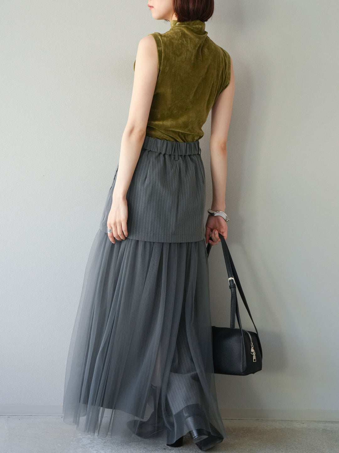 [予約]ストライプ切替チュールスカート/グレー