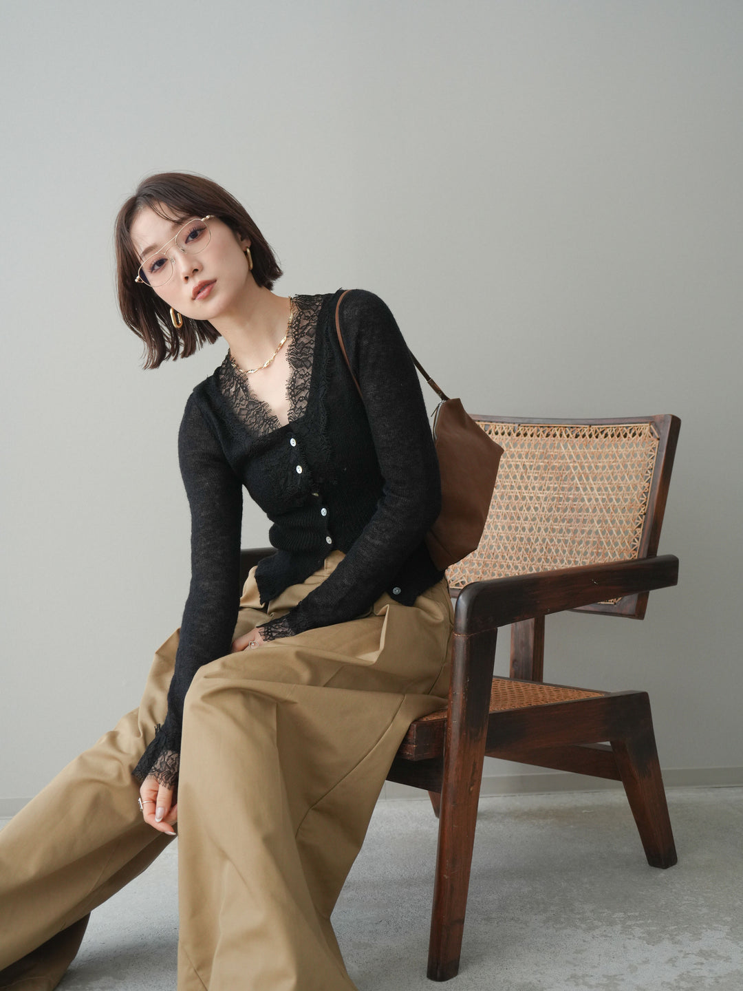 [予約]モヘアタッチレースニットカーディガン/black