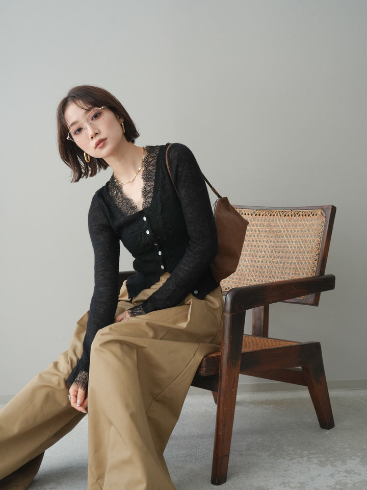 [予約]モヘアタッチレースニットカーディガン/black
