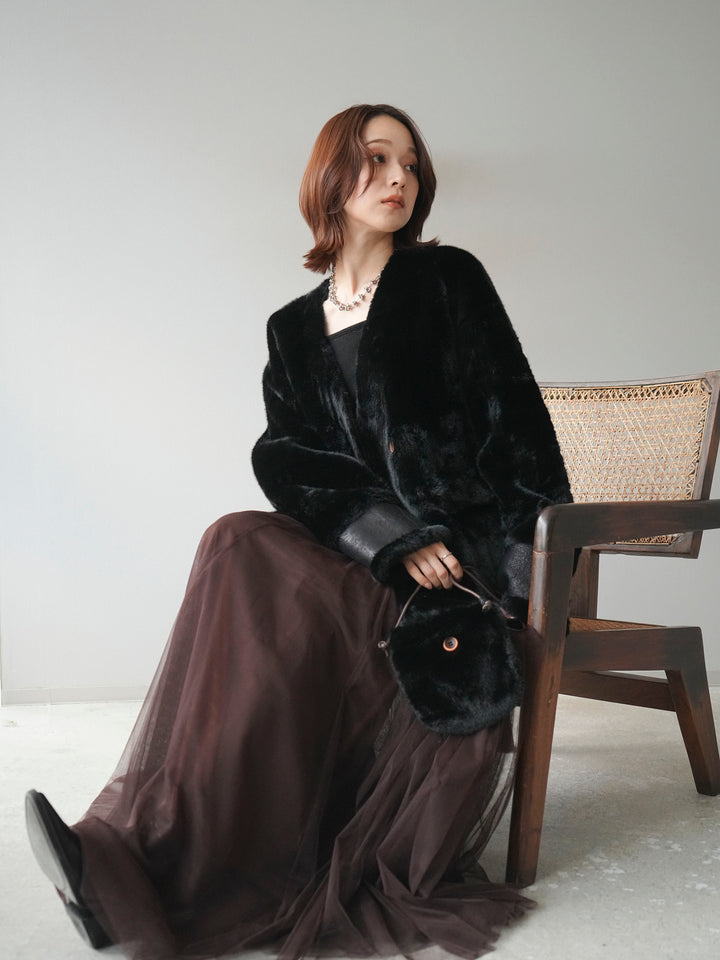 [SET]バッグ付エコファーノーカラーコート+チュールボリュームスカート(2set)