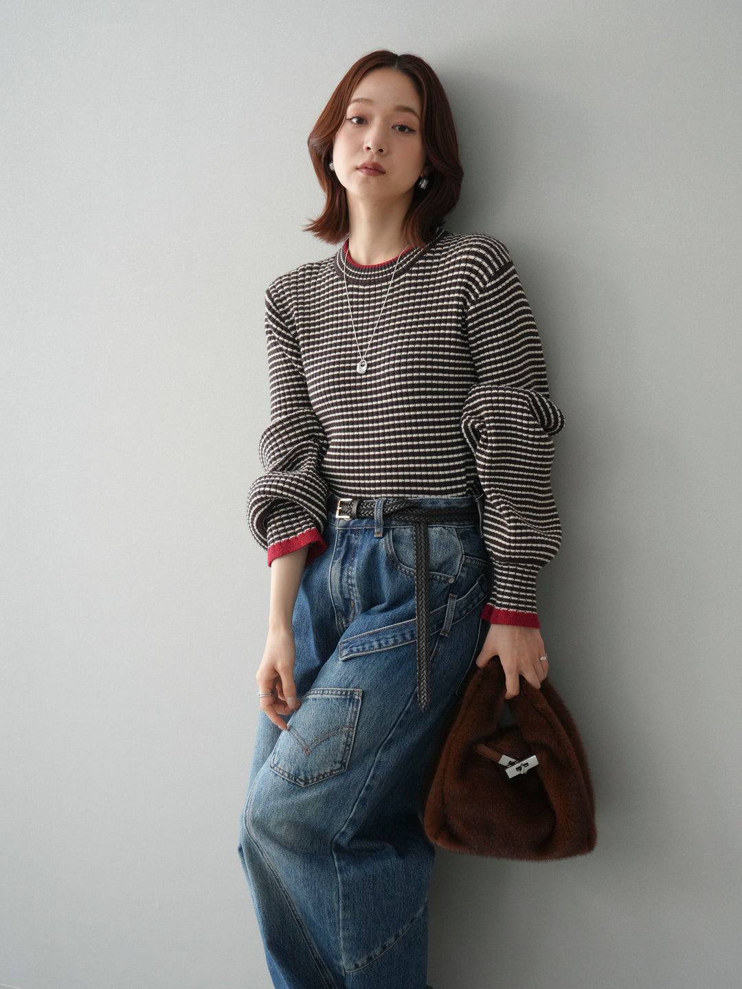 [SET]ラメ異素材ボーダーリブニットプルオーバー+ペインターカーブデニムパンツ(2set)