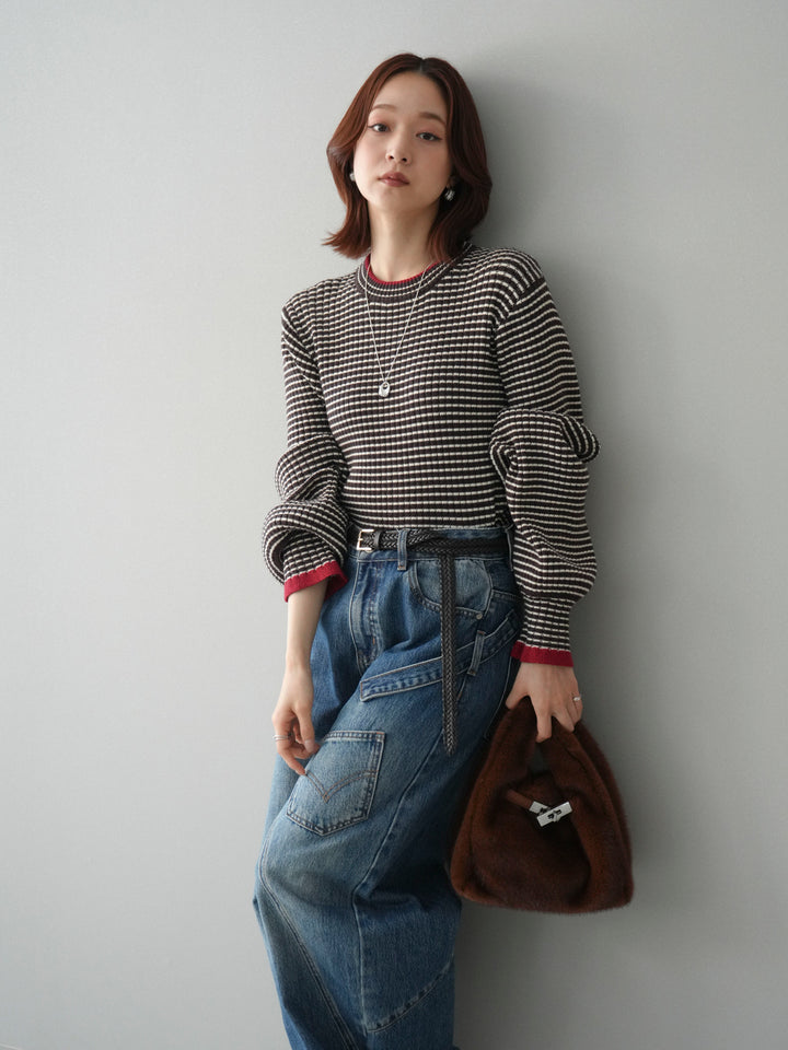 [SET]ラメ異素材ボーダーリブニットプルオーバー+ペインターカーブデニムパンツ(2set)