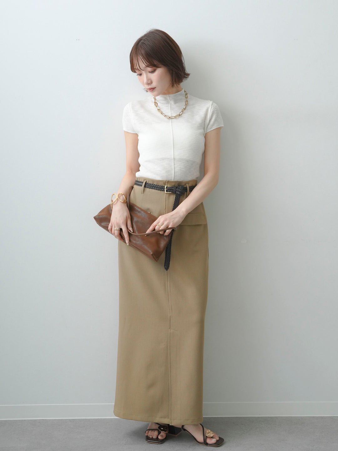 [SET]シアーバックボタンリブニットトップス+クレープデシンフラップ付きストレートスカート(2set)