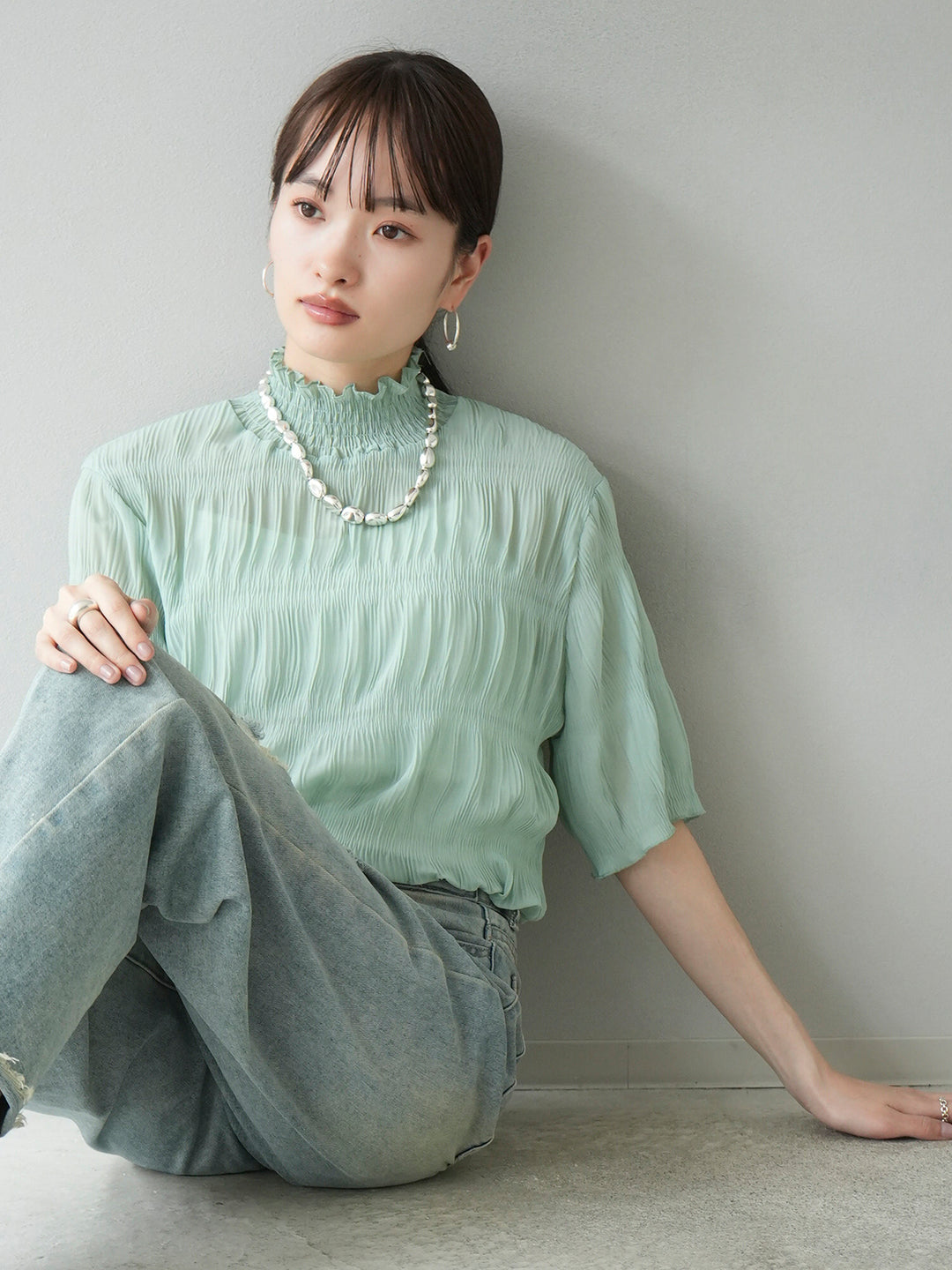 [Pre-order] Shirring Chiffon Half Sleeve Blouse/Mint