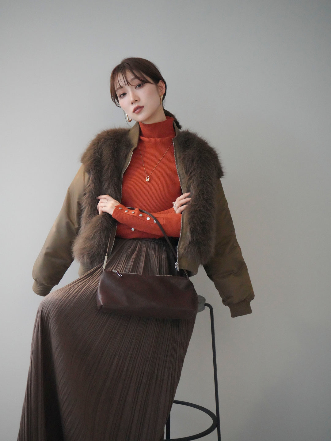 [SET]ファードッキングMA-1+袖ボタンボトルネックリブニットトップス(2set)