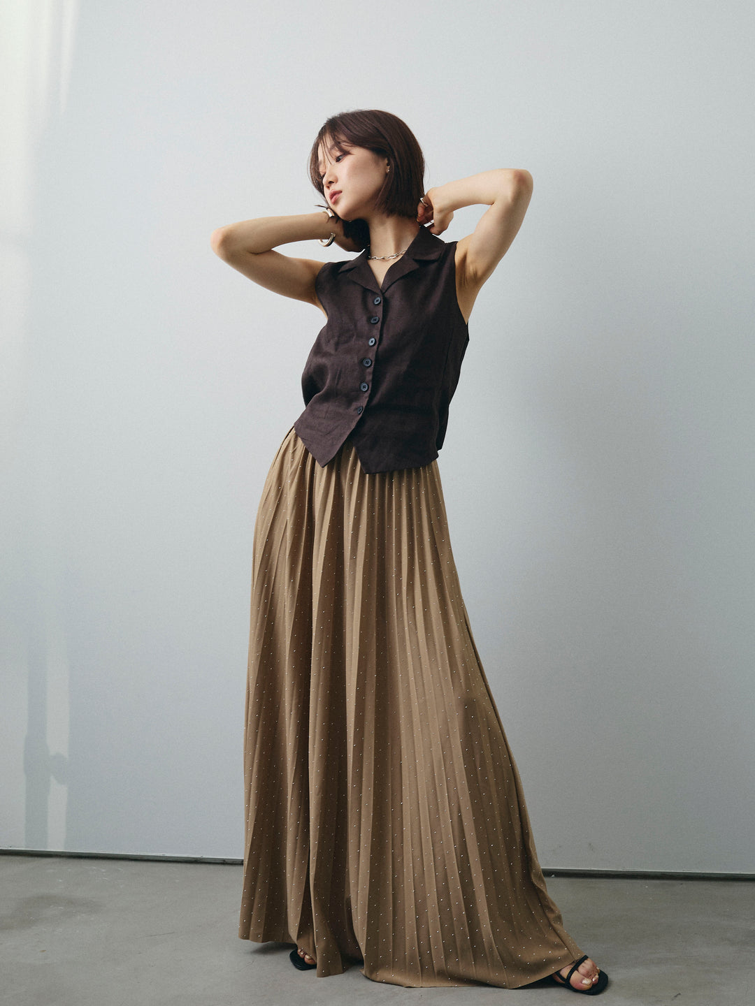 [予約]リネンライクテーラードジレ/ブラウン