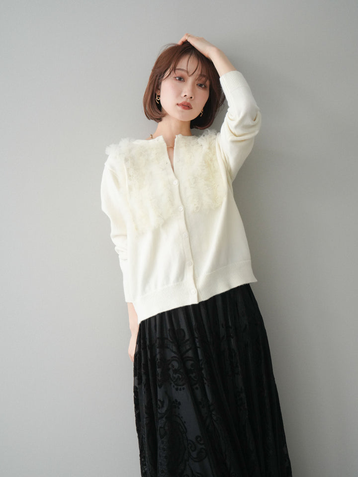 [SET]チュールフリルニットカーディガン+アンティーク柄フロッキーマキシスカート(2set)