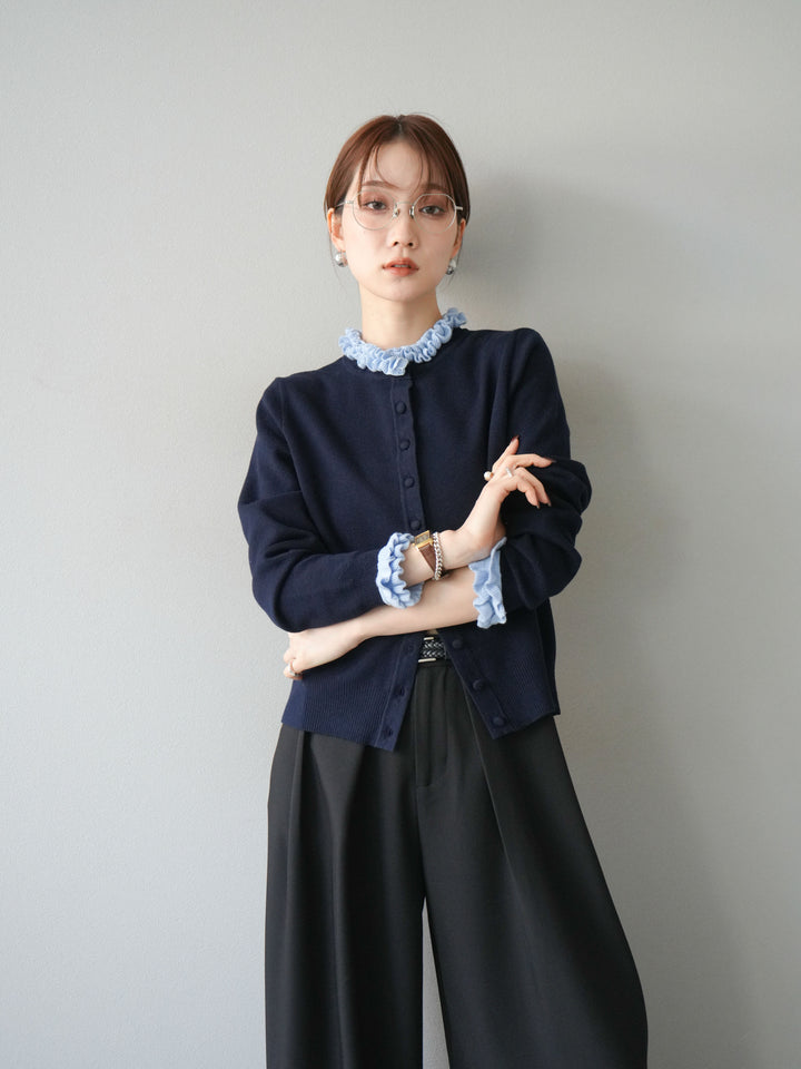 [予約]フリルデザインコンパクトニットカーディガン/ネイビー