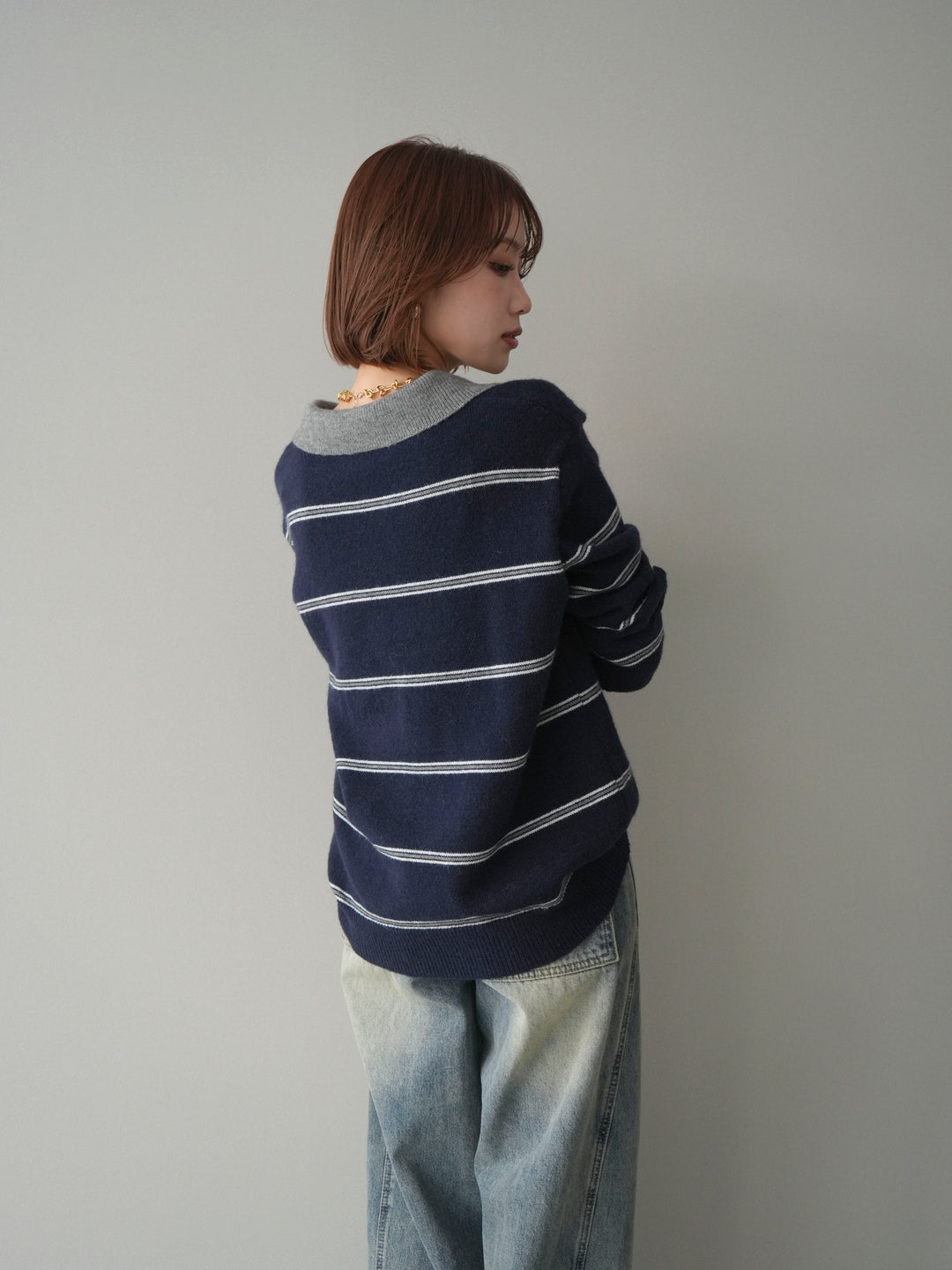 [予約]バイカラーボーダーポロニットプルオーバー/navy