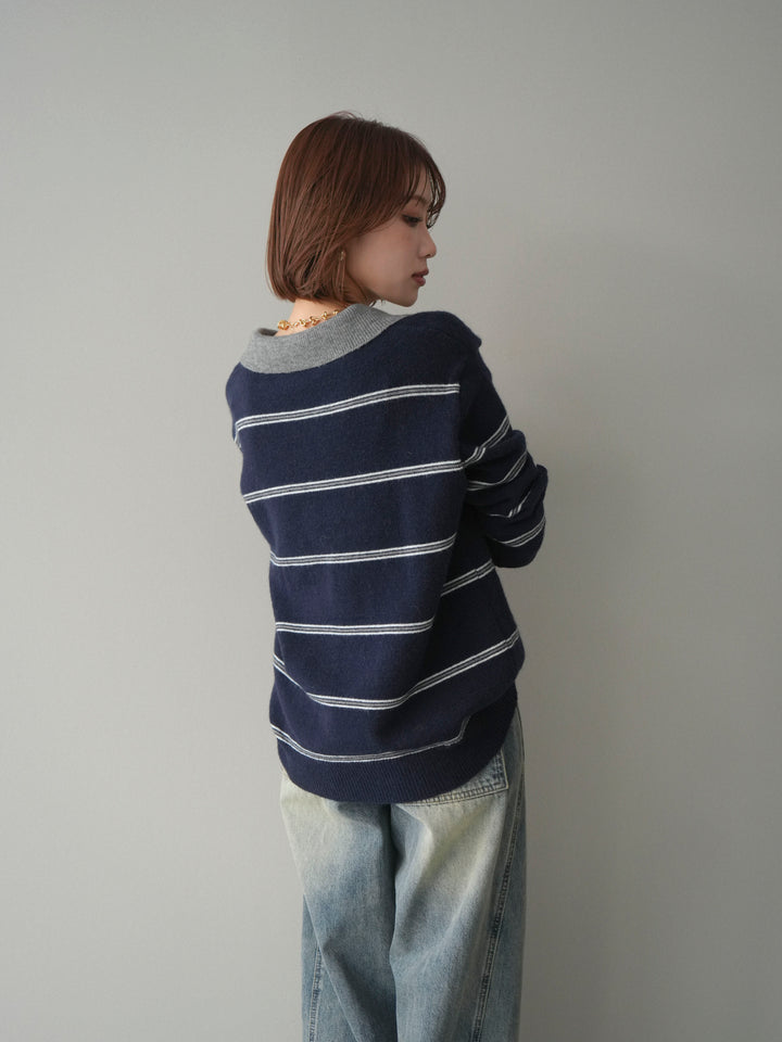 [予約]バイカラーボーダーポロニットプルオーバー/navy