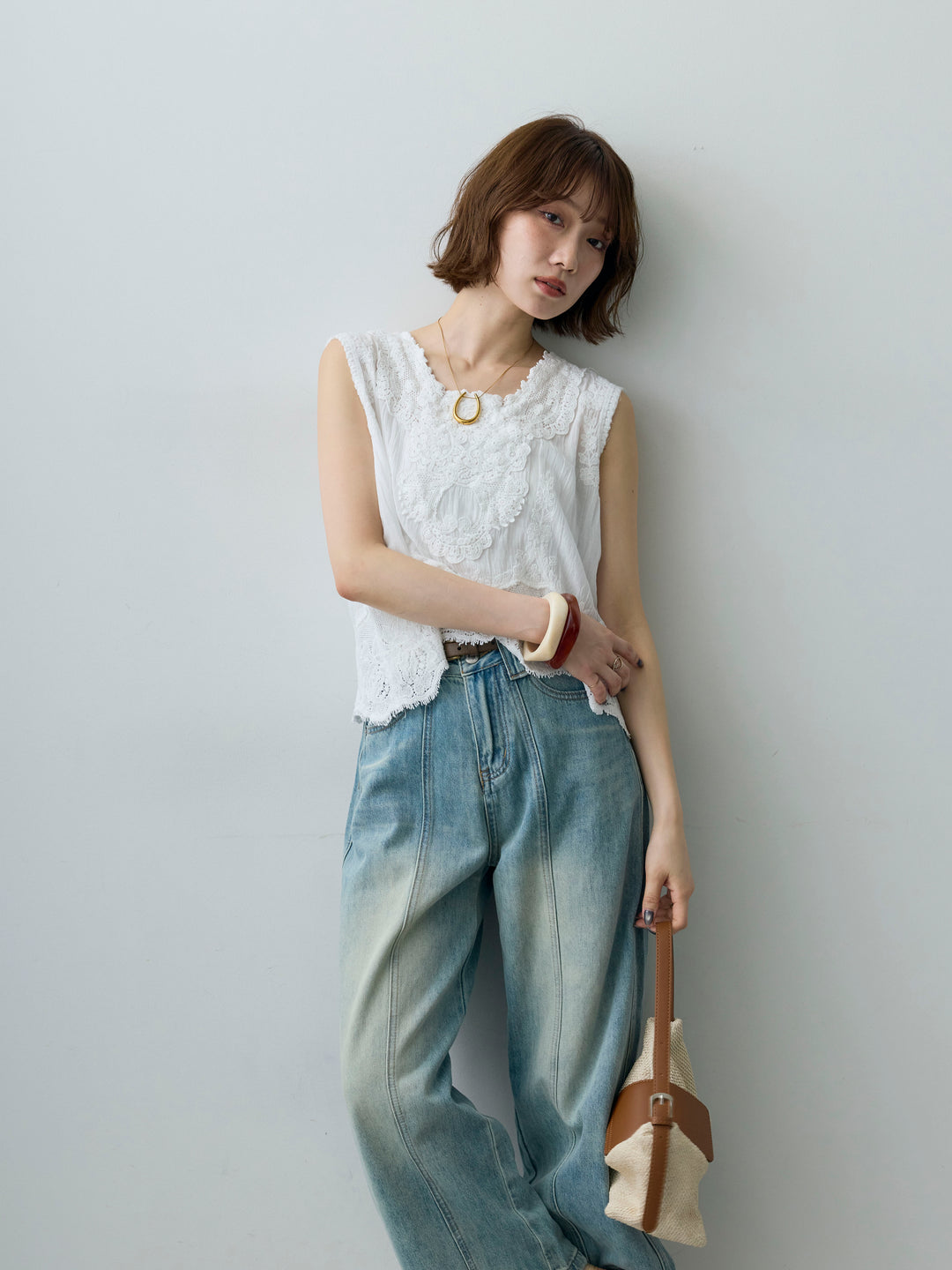 [予約]アンティークレースノースリトップス/white