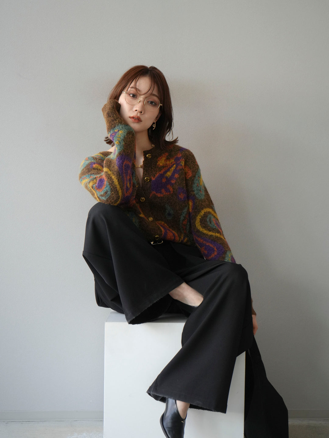 【着回しセット】[SET]求心柄クロップドニットカーディガン+ミックスヤーンペイズリー柄ニットカーディガン+ベルトループデザインワイドパンツ(3set)