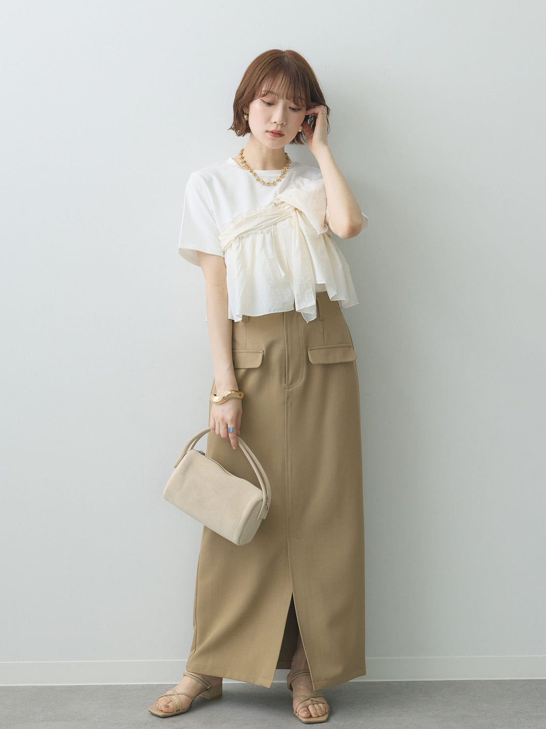 【着回しセット】[SET]ナイロンドッキングツイストTEE +クレープデシンフラップ付きストレートスカート+ストーンウォッシュルーズフィットデニム(3set)
