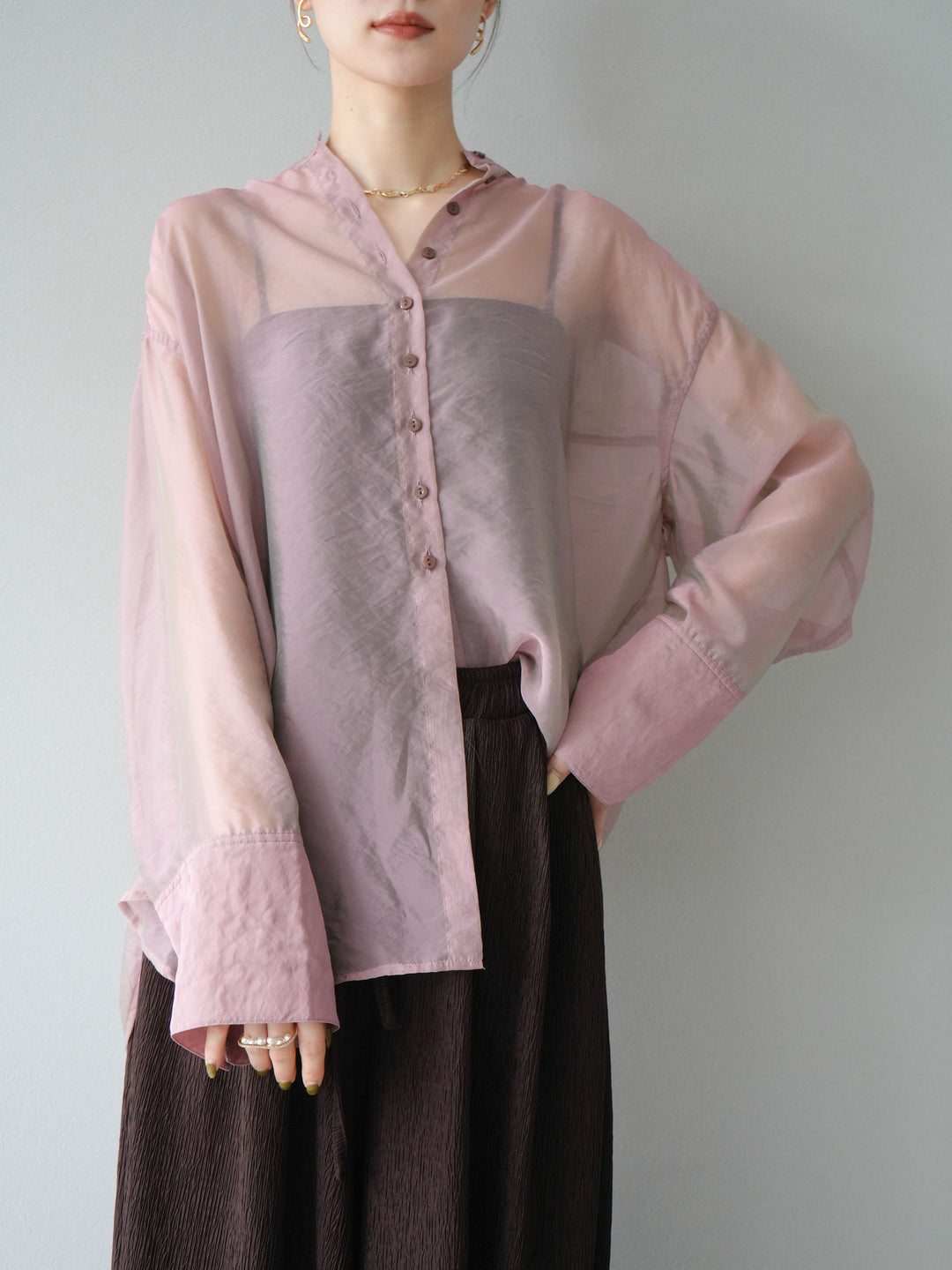 [SET] 亮面透視立領襯衫 + 柳葉寬褲 (2set)