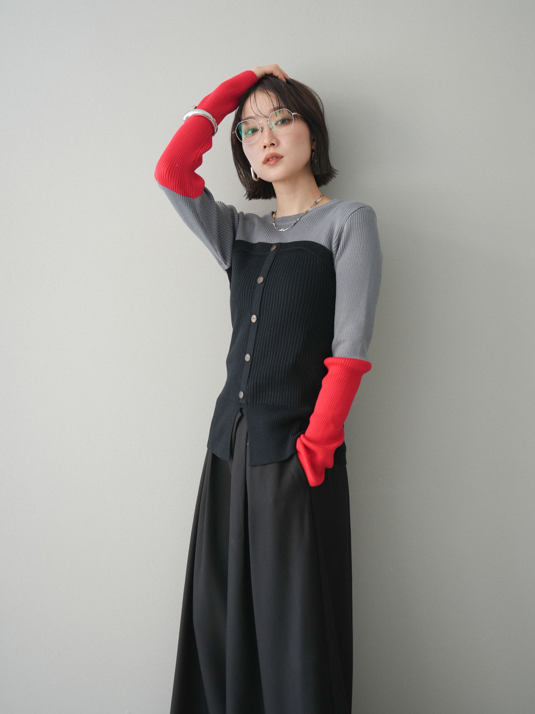 [SET]配色ビスチェドッキングリブニットトップス+選べるアクセセット(2set)