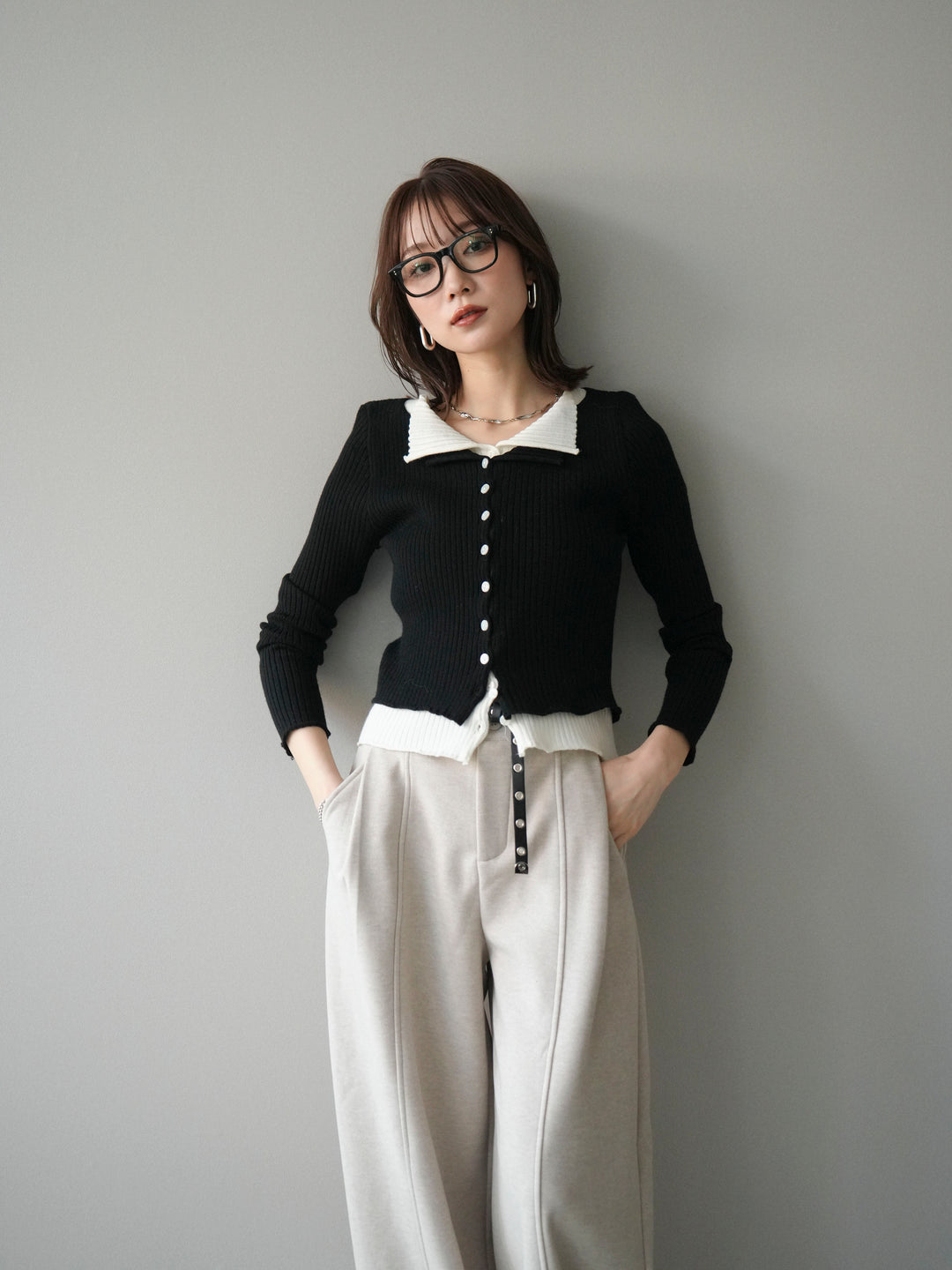 [予約]配色レイヤードリブニットカーディガン/black