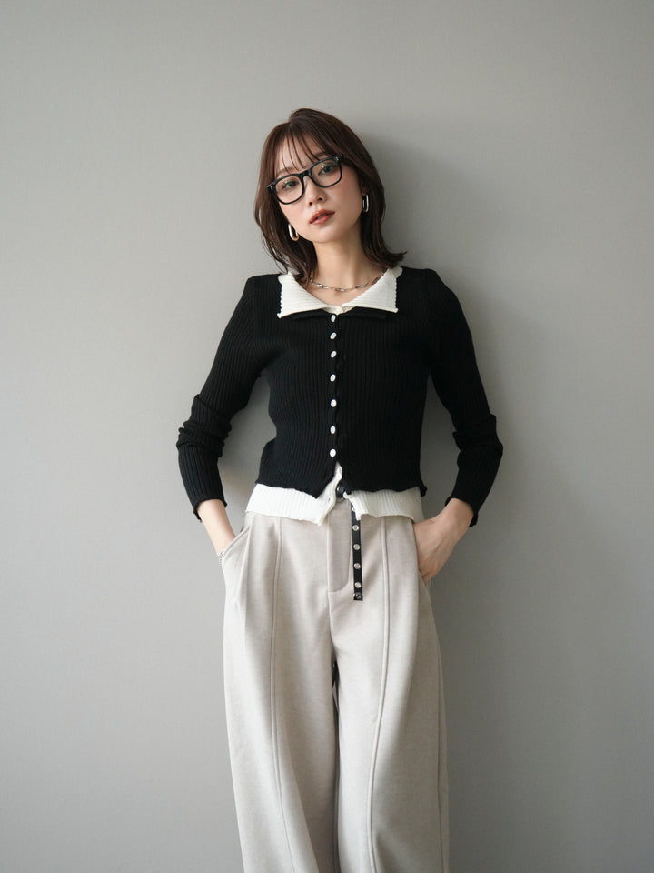 [予約]配色レイヤードリブニットカーディガン/black