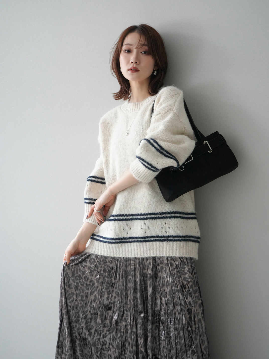 [SET]クルーネックラインボーダーニットプルオーバー+選べるアクセセット(2set)