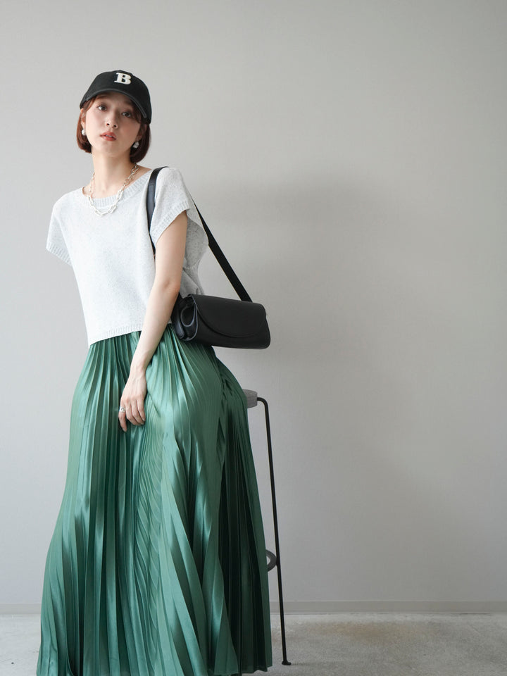 [SET]ネップヤーンクロップドニットベスト+サテンプリーツマキシスカート(2set)