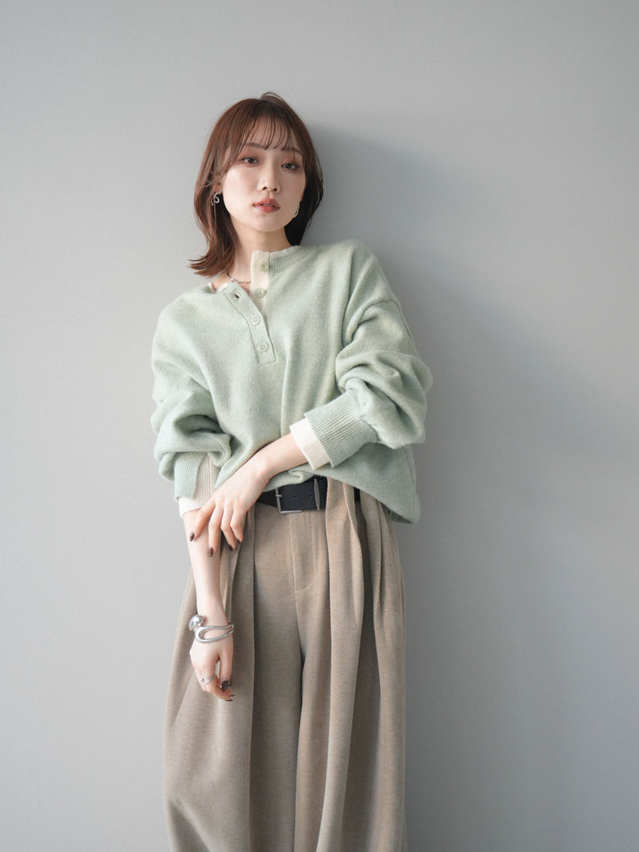 [SET]ヘンリーネック配色レイヤードニットプルオーバー+ベルトデザインループコールテンワイドパンツ(ベルト付き)(2set)