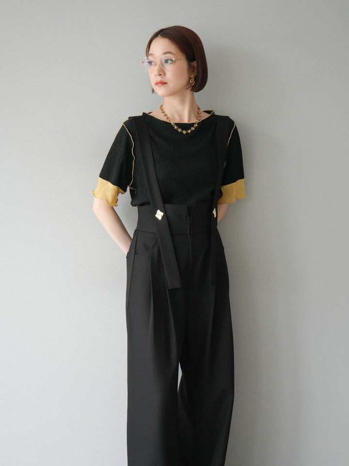 [SET]プリーツ配色ボートネックプルオーバー+ゴールドボタンサスペンダーワイドパンツ(2set)