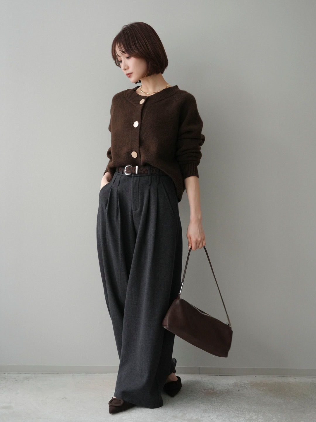 [SET]BIGボタンニットカーディガン+アニマル柄ベルト付きウールタッチワイドパンツ(2set)