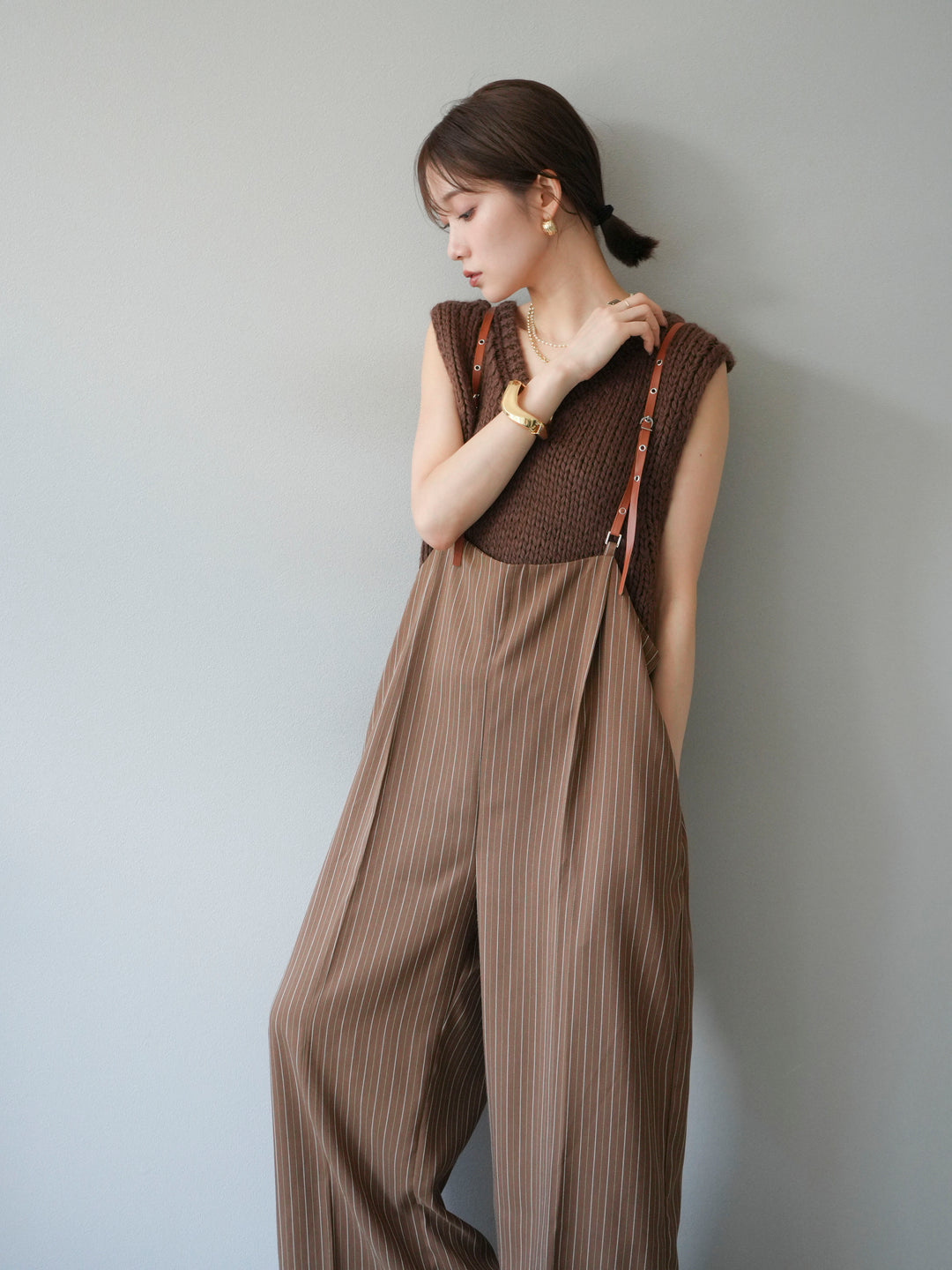 [予約]ヘリンボーンストライプサロペット/ブラウン