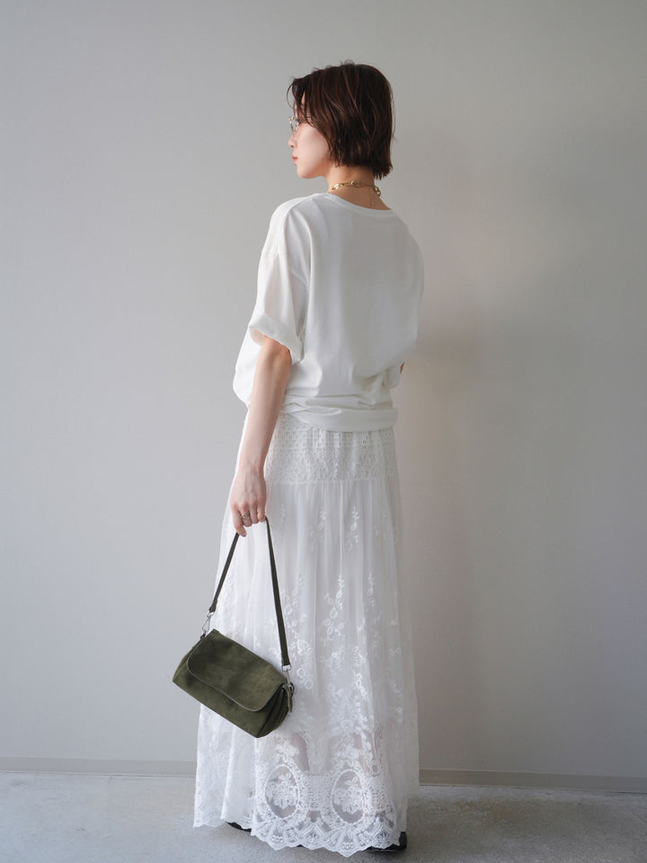 [SET]ブラーアートフォトTシャツ+シアーレースマキシスカート(2set)