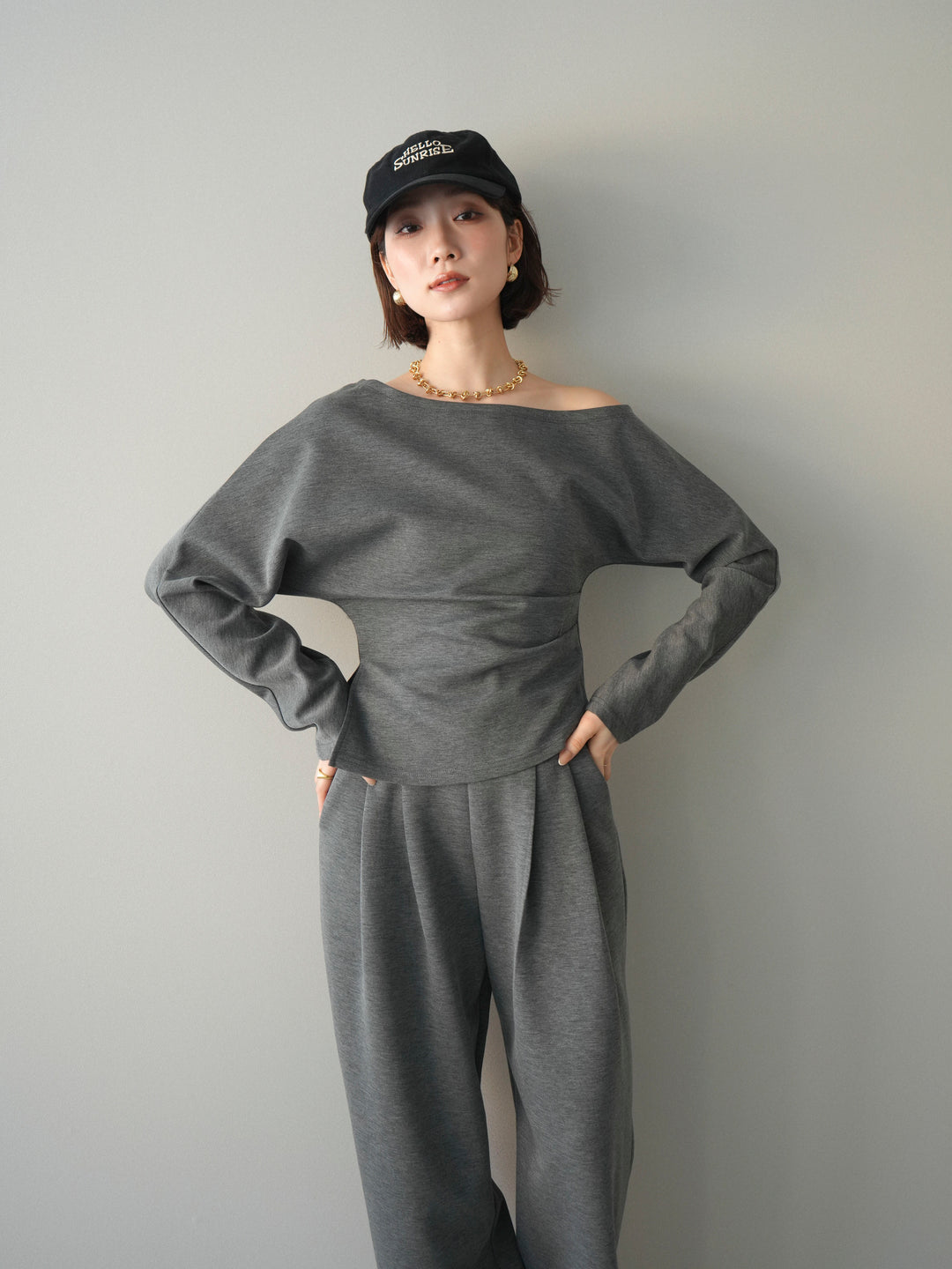 [SET]ライトポンチワンショルタックトップス＆パンツSETUP