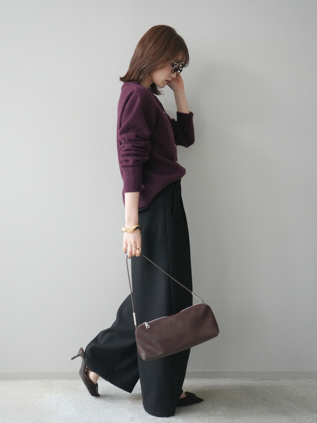 [SET]アンティークボタンニットカーディガン+アニマル柄ベルト付きウールタッチワイドパンツ(2set)