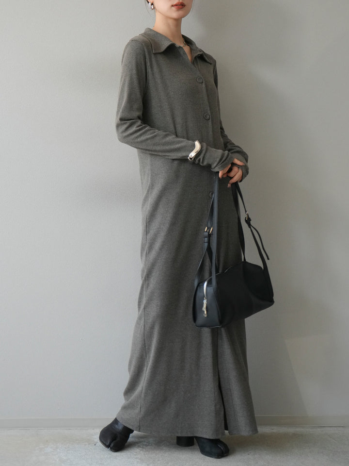 [予約]襟付きカットリブボタンワンピース/チャコール