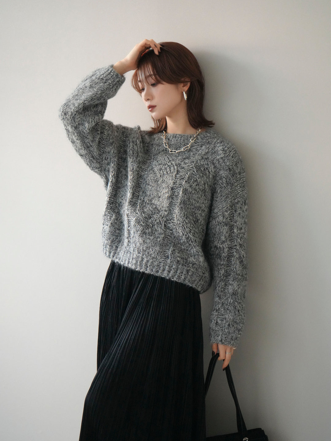 [予約]ワイドケーブルミックスニットプルオーバー/gray