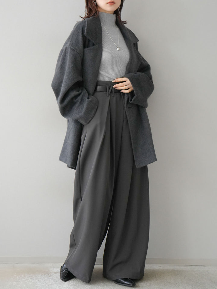 [SET]フェイクビーバーミドルコート+袖ボタンハイネックリブニットトップス+ベルト付ウールタッチワイドパンツL(3set)