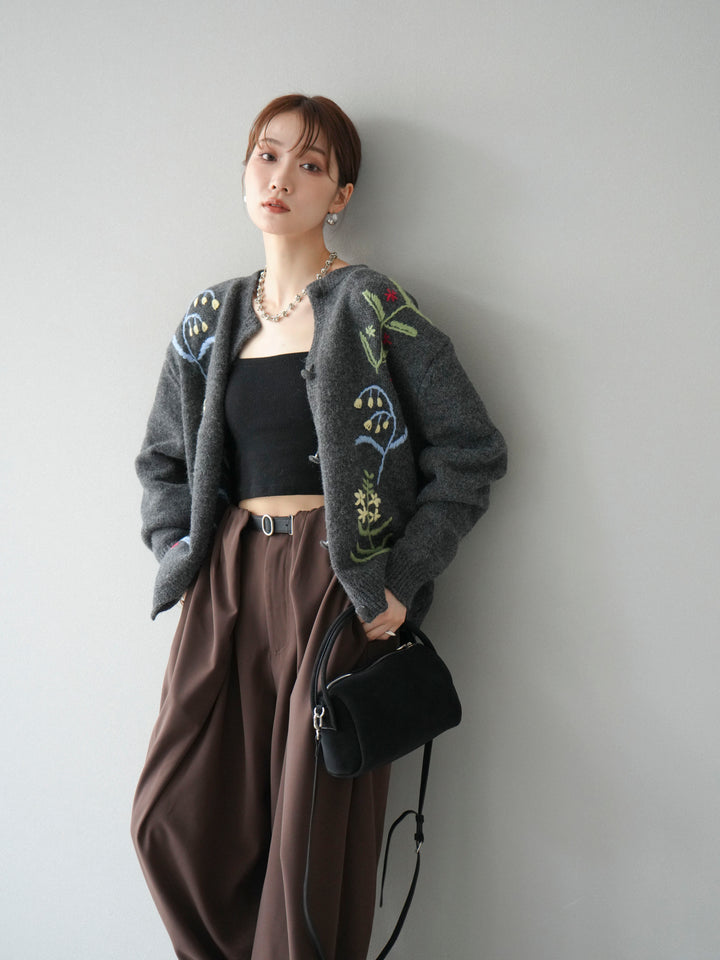 [SET]フラワー刺繍ニットカーディガン+ベルト付タックワイドパンツ(2set)
