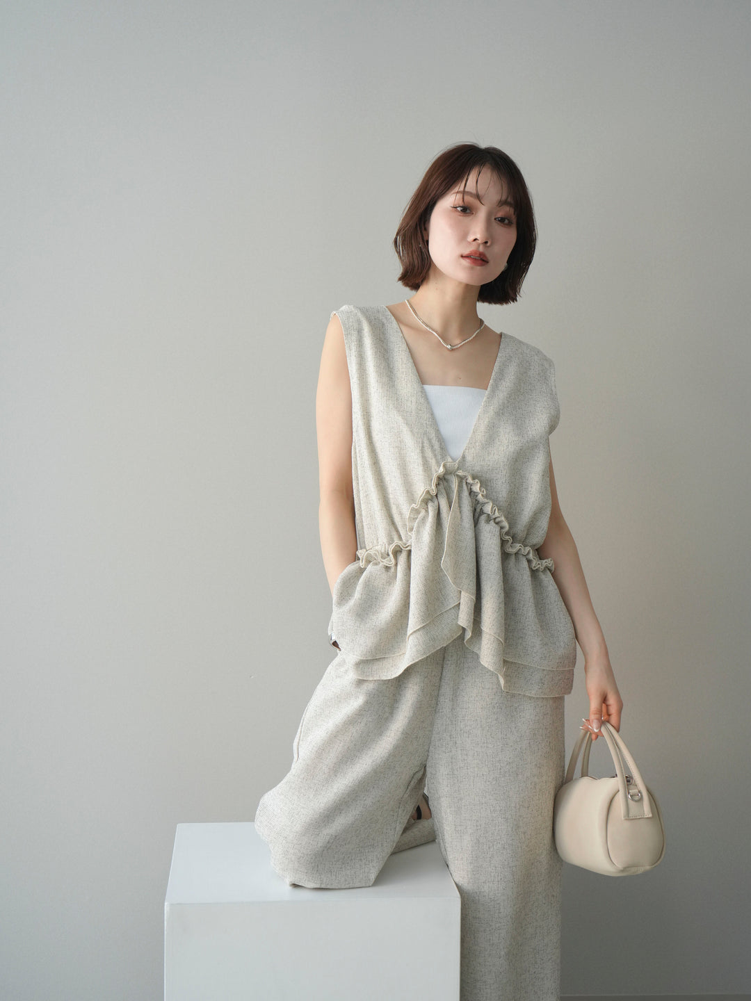 [SET]3WAYミックスツイードギャザーオールインワン+選べるアクセセット(2set)