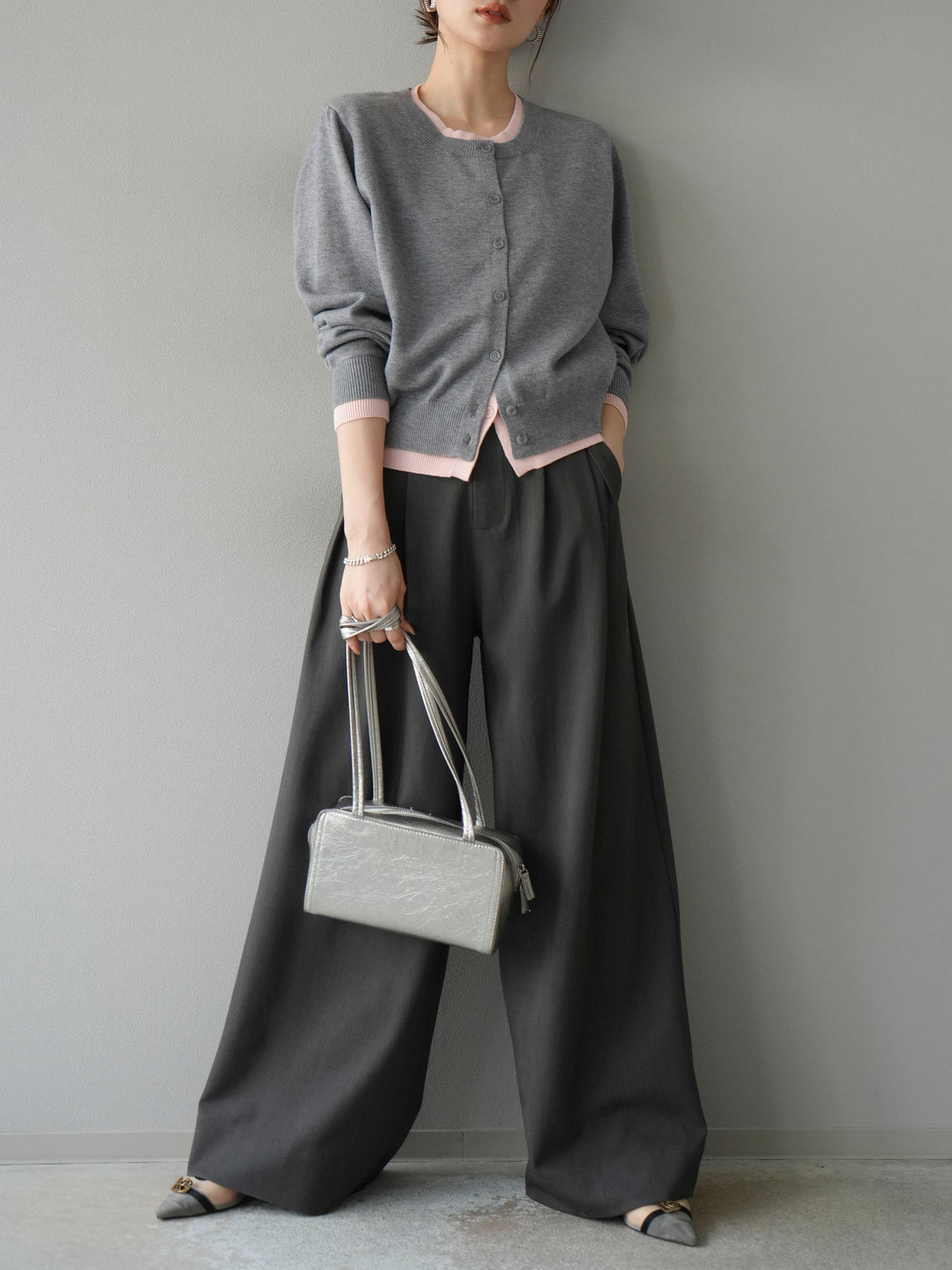 【SET】同色系疊穿開襟衫+雙褶寬褲（2件組）